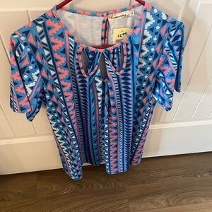 Blue Graphic Short Sleeve Blouse